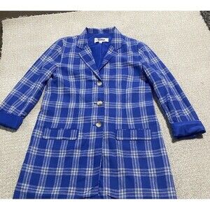 BB Dakota Steve Madden Women's Blue White Plaid Long Blazer Jacket Collared S
